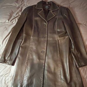 MONTANACO women's Large Brown Faux Leather Long Coat.